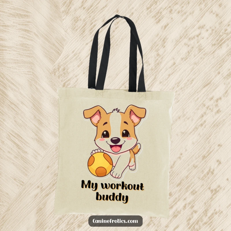 Funny dog tote bag illustrated with a dog's huge smile as it excitedly chases a red ball, symbolizing pure playful exuberance.